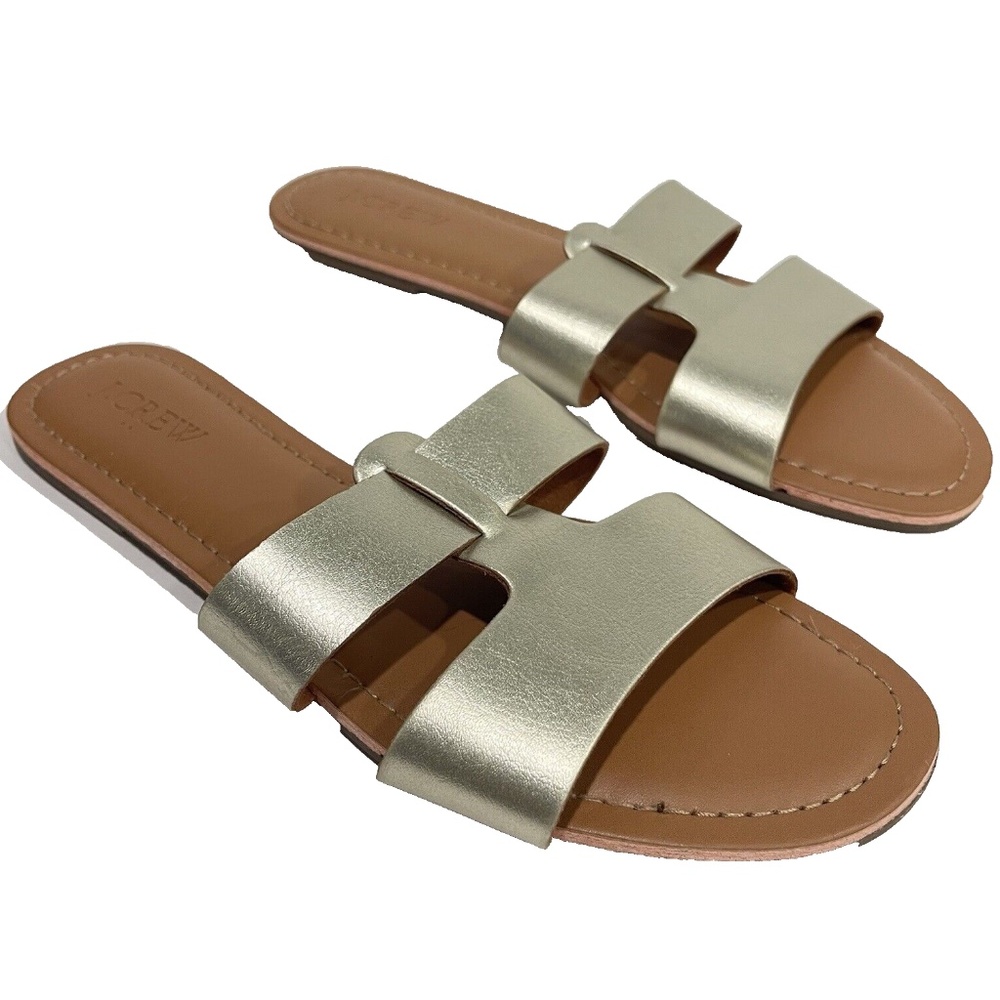 J. Crew Beachside Sandals Slides Gold Size 8 Metallic Womens Shoes Open Toe Fla